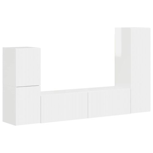 Комплект ТВ шкаф 4 pcs Лъскаво бяло Инженерно дърво