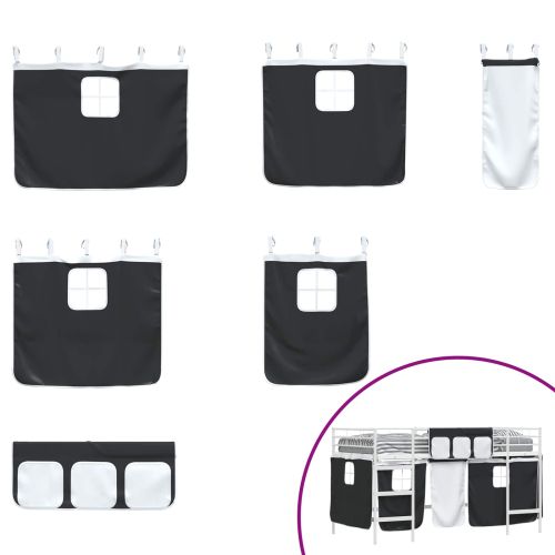 Детско легло на етажи с завеси Бял и черен 90 x 200 cm