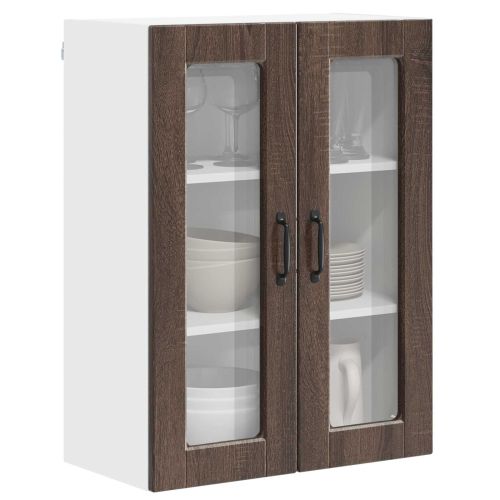 Стенен стъклен шкаф Кафяв дъб 60 x 31 x 80 см Инженерно дърво