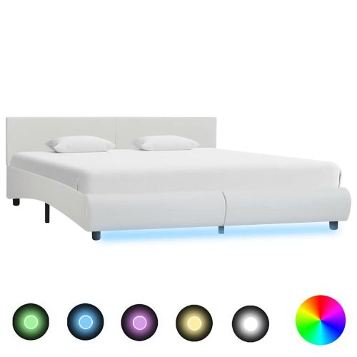 Рамка за легло с LED, бяла, изкуствена кожа, 160x200 cм