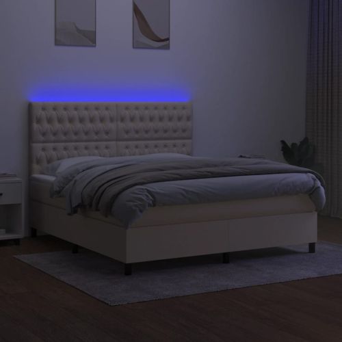 Боксспринг легло с матрак и LED, кремаво, 180x200 см, плат