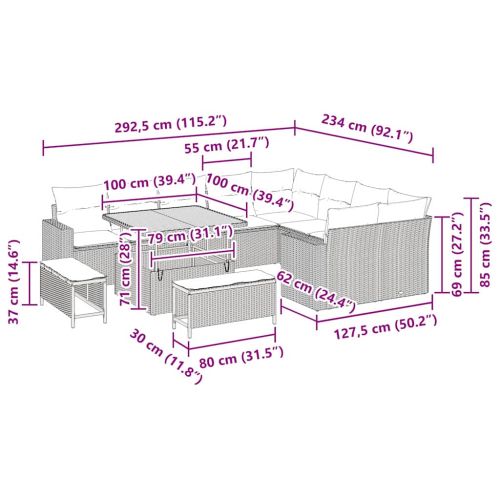 Градински Софа Комплект с възглавница 13 pcs Черно полиратан