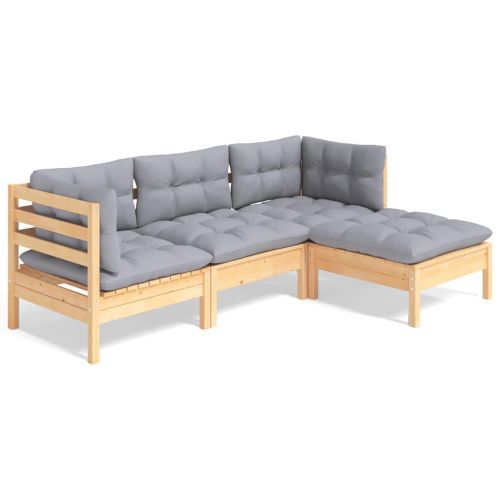 Градински лаундж комплект със сиви възглавници, 4 части, бор