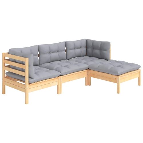 Градински лаундж комплект със сиви възглавници, 4 части, бор