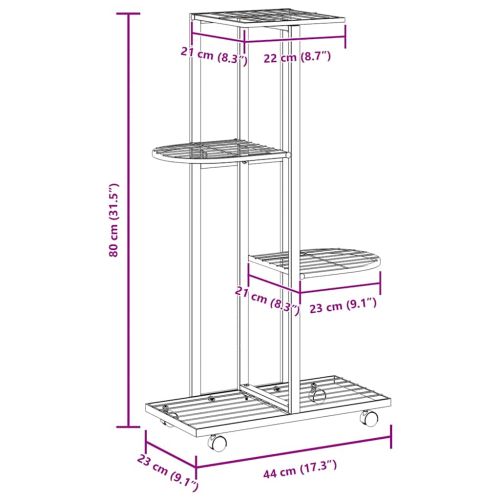 4-етажна стойка за цветя на колела, 44x23x80 см, черна, желязо