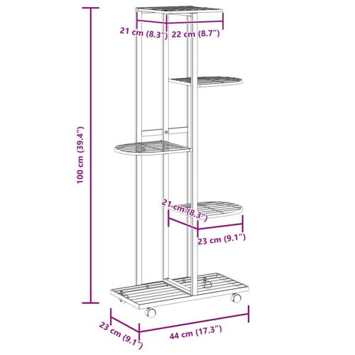 5-етажна стойка за цветя на колела 44x23x100 см черна желязо