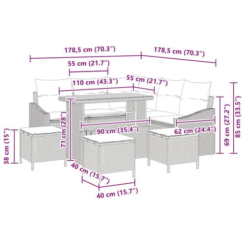 Градински Софа Комплект с възглавница 9 pcs Сив Полиратан