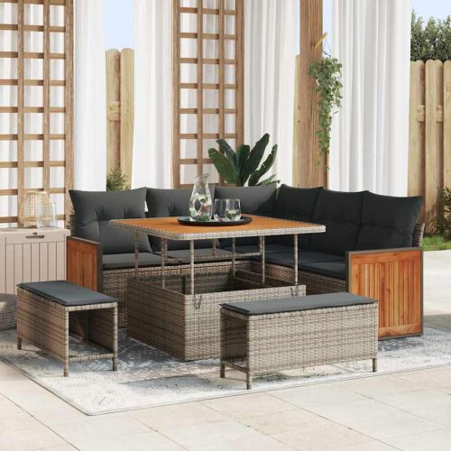 Градински Софа Комплект с възглавница 9 pcs Сив полиратан