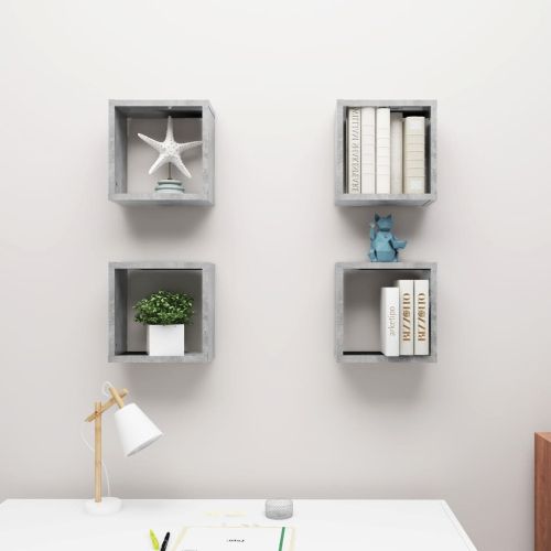 Стенни кубични рафтове, 4 бр, бетонно сиви, 30x15x30 см