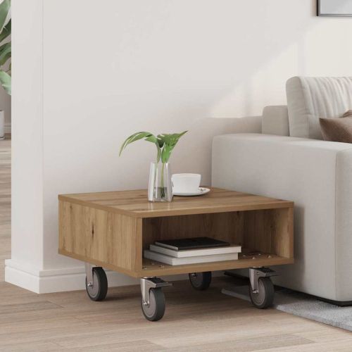 Странична маса с колела Дъб 50,5 x 50 x 30 см Инженерно дърво