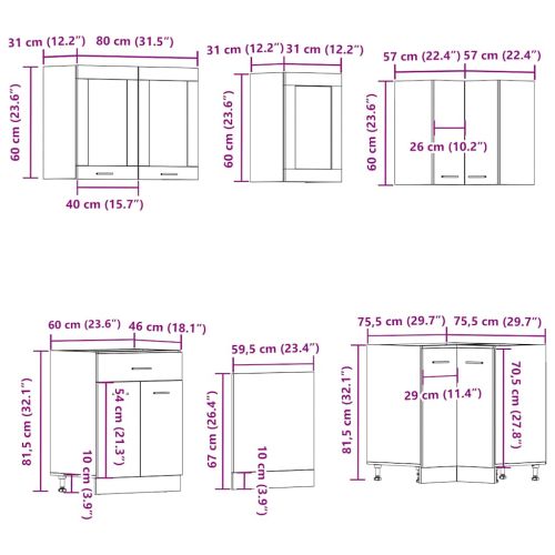 Комплект кухненски шкафове, 11 части, "Lyon", старо дърво, инженерно дърво