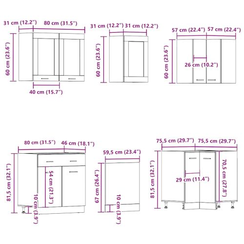 Комплект кухненски шкафове, 11 части, "Lyon", старо дърво, инженерно дърво