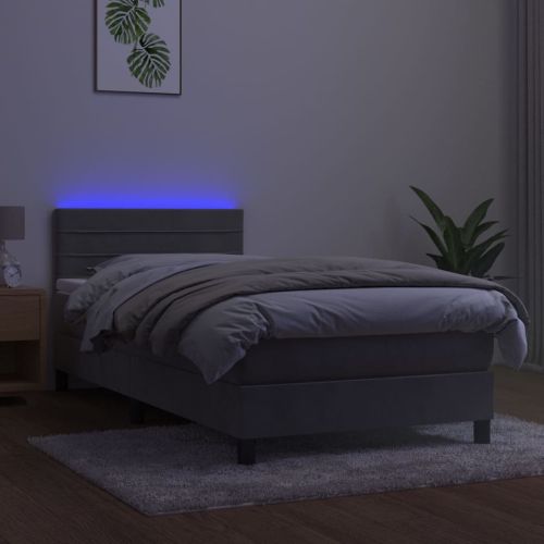 Боксспринг легло с матрак и LED, светлосиво, 100x200 см, кадифе