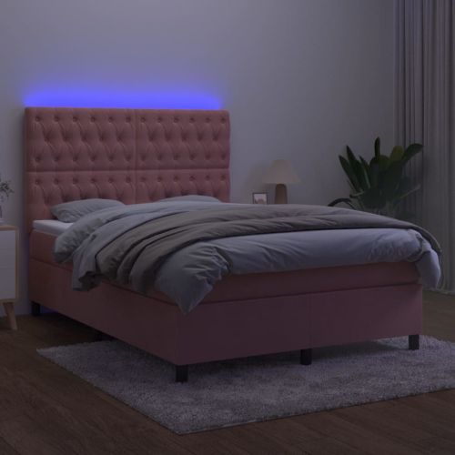 Боксспринг легло с матрак и LED, розово, 140x200 см, кадифе