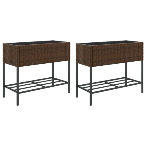 Градински плантери с рафт, 2 бр, кафяв, 90x40x75 см, полиратан