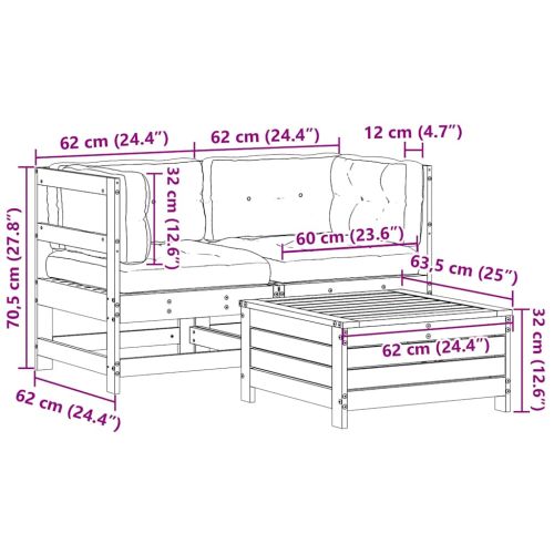 Градински лаундж комплект, 3 части, с възглавници, масив бор