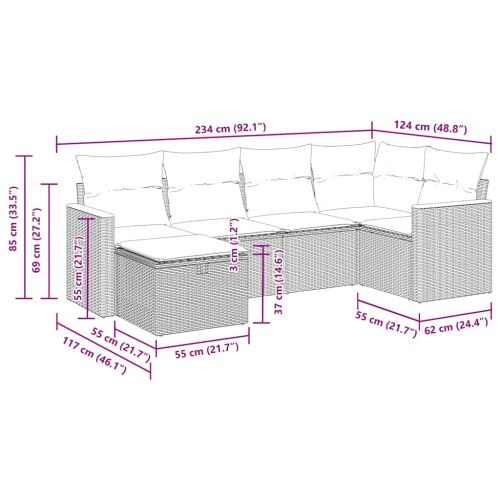 Градински диван с възглавници, 6 части, бежов полиратан