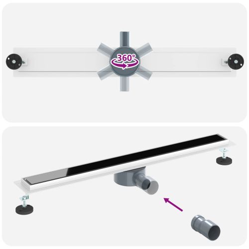 Душов дренаж с стъклен капак и 360° сифона Черно 80 cm