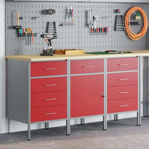 Работен кабинет с чекмедже 3 бр. Червен и сив 150 x 55 x 85 см