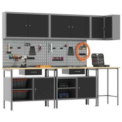 Комплект работни шкафове с чекмедже с рафт 10 pcs Черен и Сив