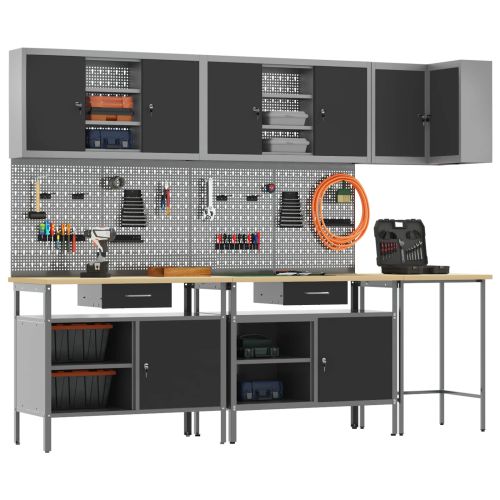 Комплект работни шкафове с чекмедже с рафт 10 pcs Черен и Сив
