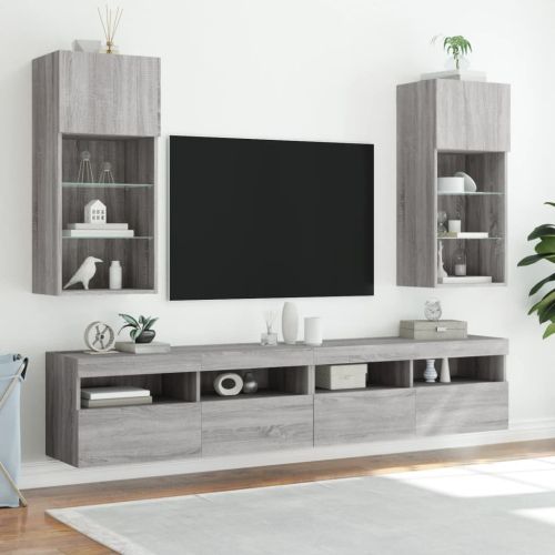 ТВ шкафове с LED осветление, 2 бр, сив сонома, 40,5x30x90 см