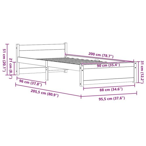Рамка за легло Кафяво с восъчно покритие 205.5 x 95.5 x 51 см