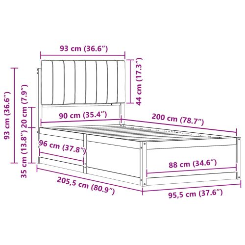 Леглова рамка с тапицирана гръбна част Светлосиво 90 x 200 cm