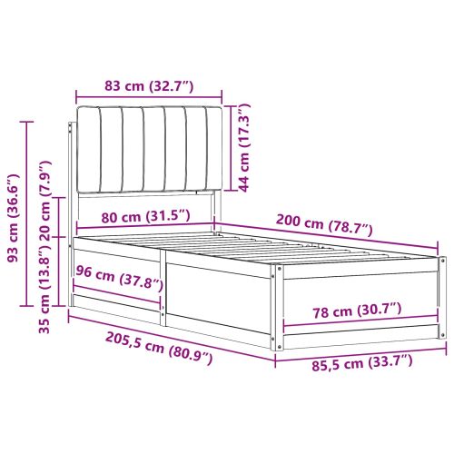 Леглова рамка с тапицирана гръбна част Светлосиво 80 x 200 cm