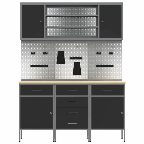 Работен кабинет 7 pcs Черно Инженерна дървесина и стомана