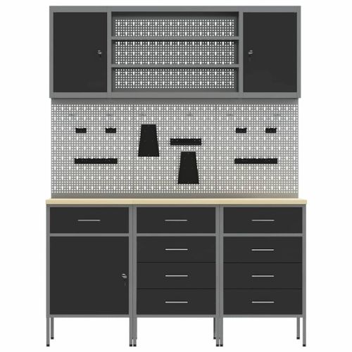 Работен кабинет 7 pcs Черно Инженерна дървесина и стомана