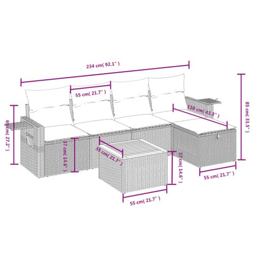 Градински диван с възглавници, 6 части, полиратан, сив