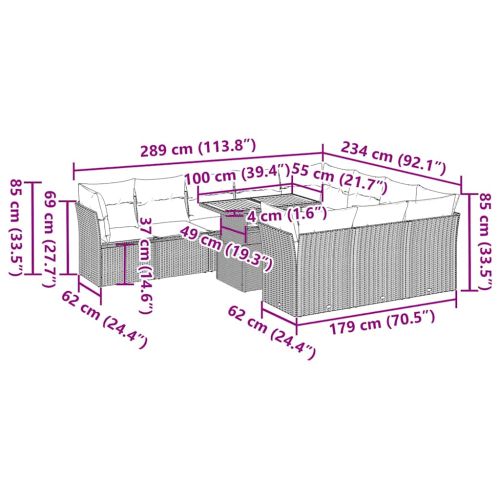 Градински диван с възглавници, 11 части, бежов полиратан