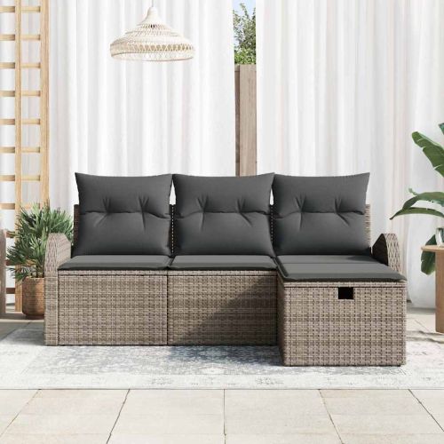 Комплект дивани с възглавница 4 pcs Сив полиратан