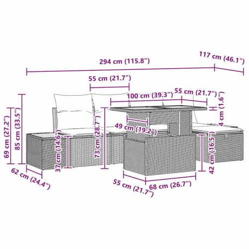 Градински Софа Комплект с възглавница 6 pcs Сив полиратан