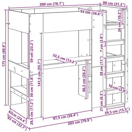 Рамка за двуетажно легло с бюро Старо дърво 80 x 200 cm
