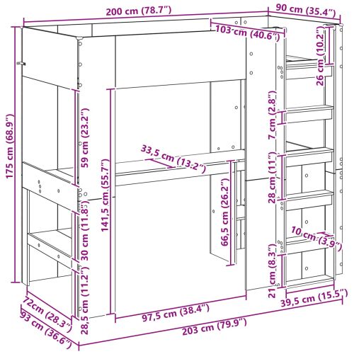 Рамка за двуетажно легло с бюро със съхранение Бяло 90 x 200 cm