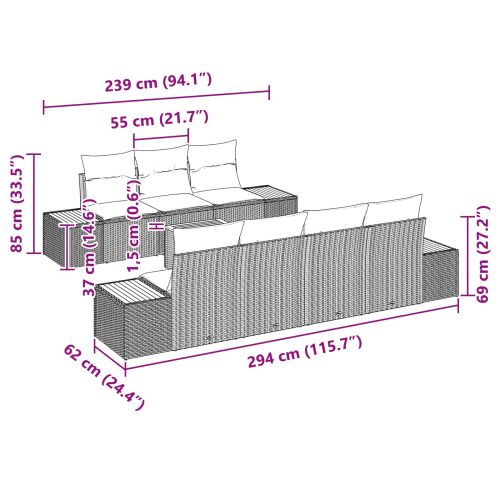 Градински Софа Комплект с възглавница 8 pcs Черно Полиратан