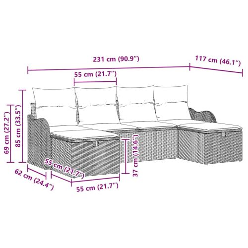 Комплект дивани с възглавница 6 pcs Сив полиратан