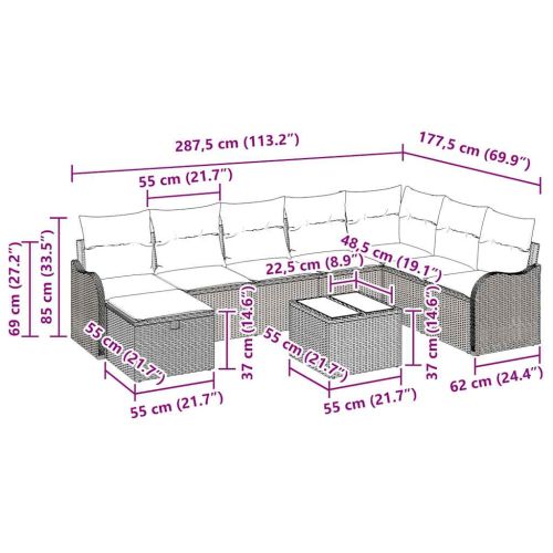 Комплект дивани с възглавница 9 pcs Сив полиратан