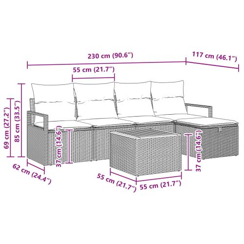 Градински Софа Комплект с възглавница 6 pcs Сив Полиратан