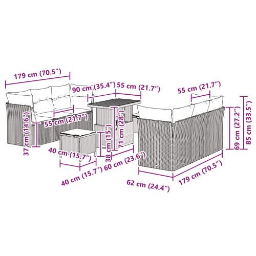 Градински Софа Комплект с възглавница 9 pcs Черно полиратан