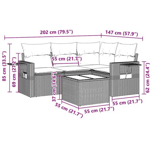 Градински комплект с възглавници, 5 части, светлосив полиратан