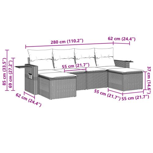 Градински комплект с възглавници, 6 части, светлосив полиратан