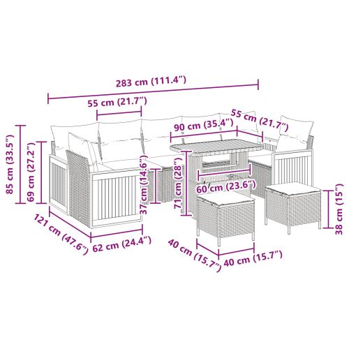 Градински Софа Комплект с възглавница 10 pcs Черно