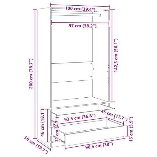 Гардероб, кафяв дъб, 100x50x200 см, инженерно дърво