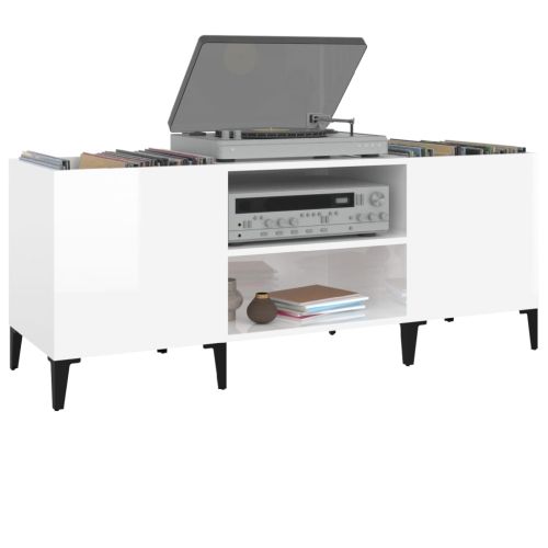 Шкаф за грамофонни плочи бял гланц 121x38x48 см инженерно дърво