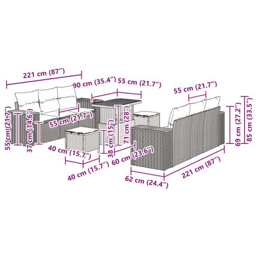 Градински Софа Комплект с възглавница 9 pcs Черно Полиратан