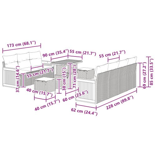 Градински Софа Комплект с възглавница 10 pcs Черно
