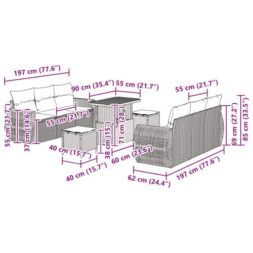 Градински Софа Комплект с възглавница 9 pcs Черно полиратан